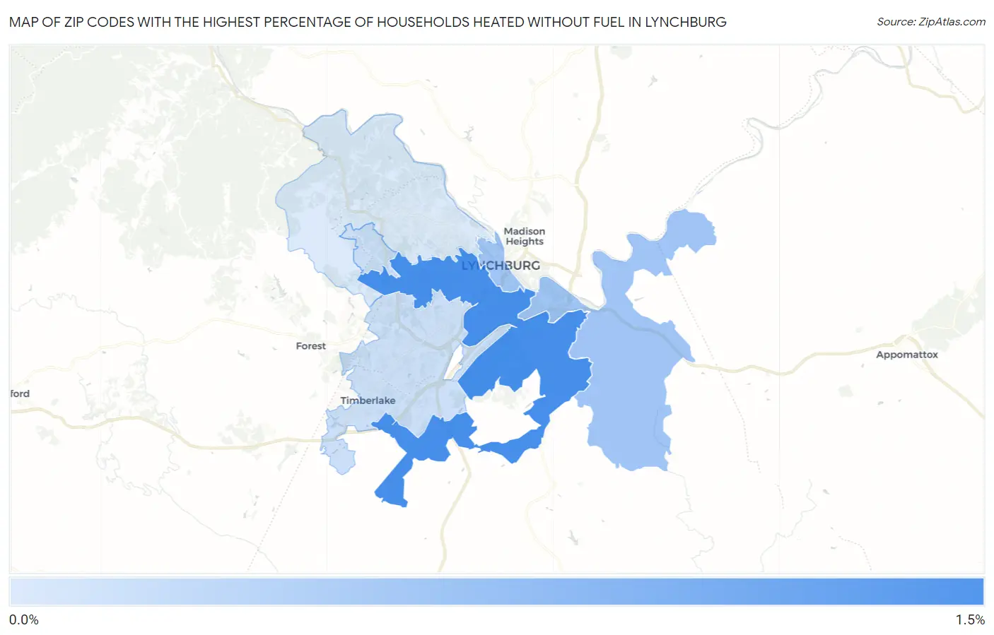 Zip Codes with the Highest Percentage of Households Heated without Fuel in Lynchburg Map
