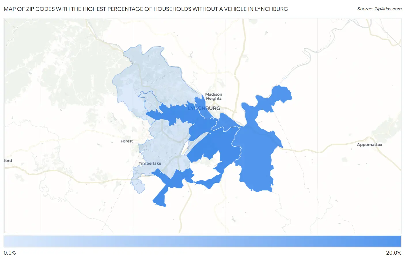 Zip Codes with the Highest Percentage of Households Without a Vehicle in Lynchburg Map