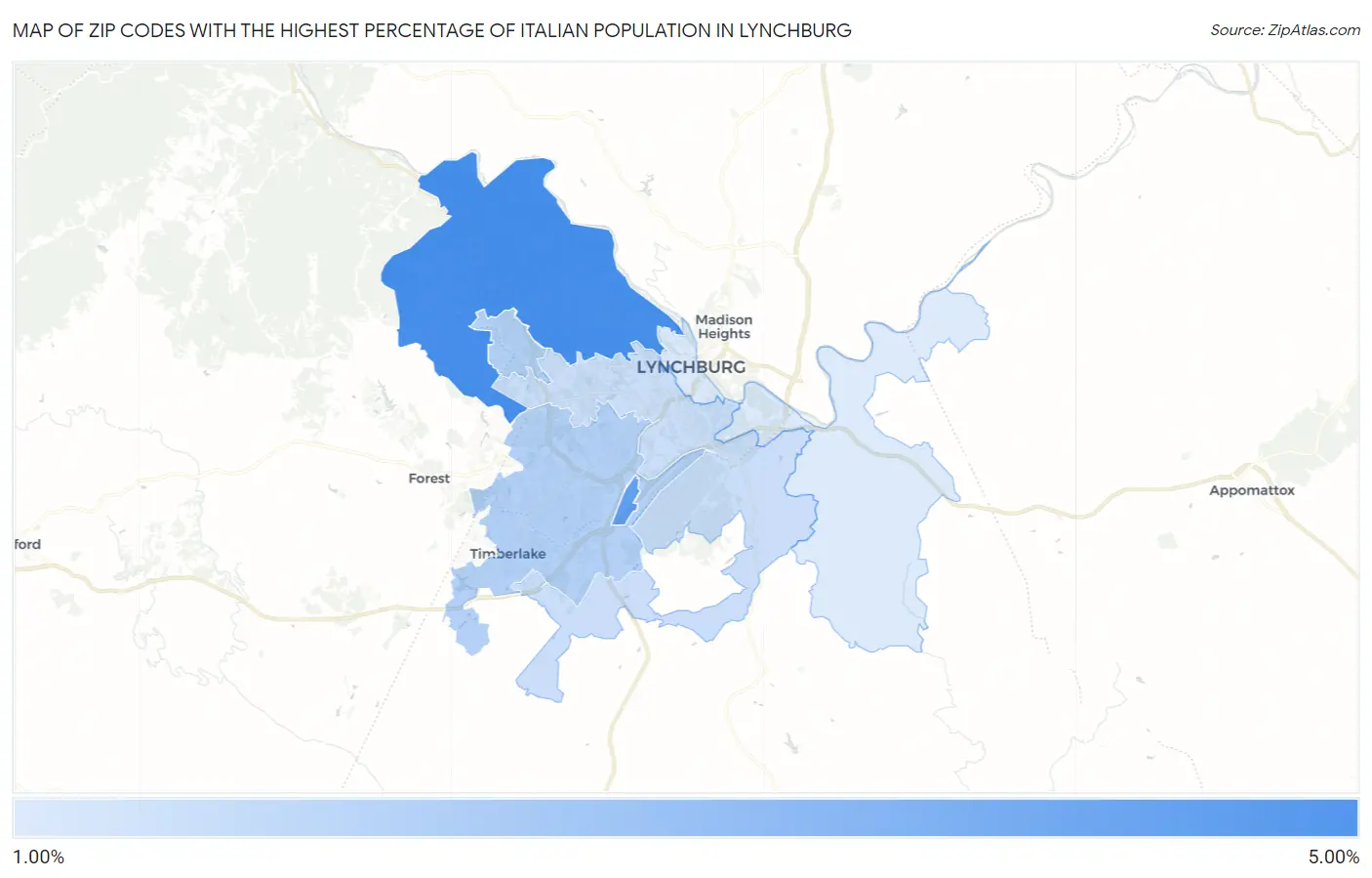 Zip Codes with the Highest Percentage of Italian Population in Lynchburg Map