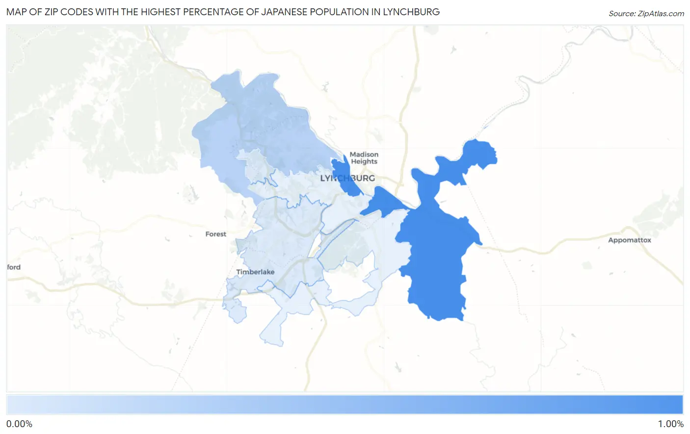 Zip Codes with the Highest Percentage of Japanese Population in Lynchburg Map