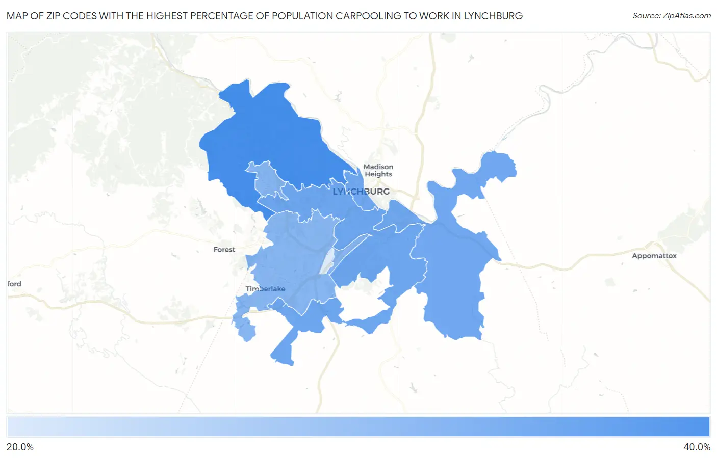 Zip Codes with the Highest Percentage of Population Carpooling to Work in Lynchburg Map