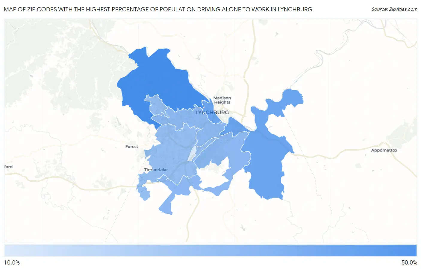 Zip Codes with the Highest Percentage of Population Driving Alone to Work in Lynchburg Map