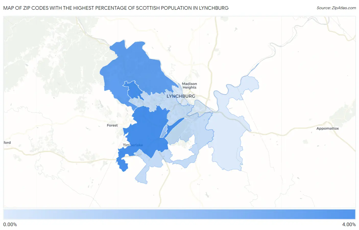 Zip Codes with the Highest Percentage of Scottish Population in Lynchburg Map