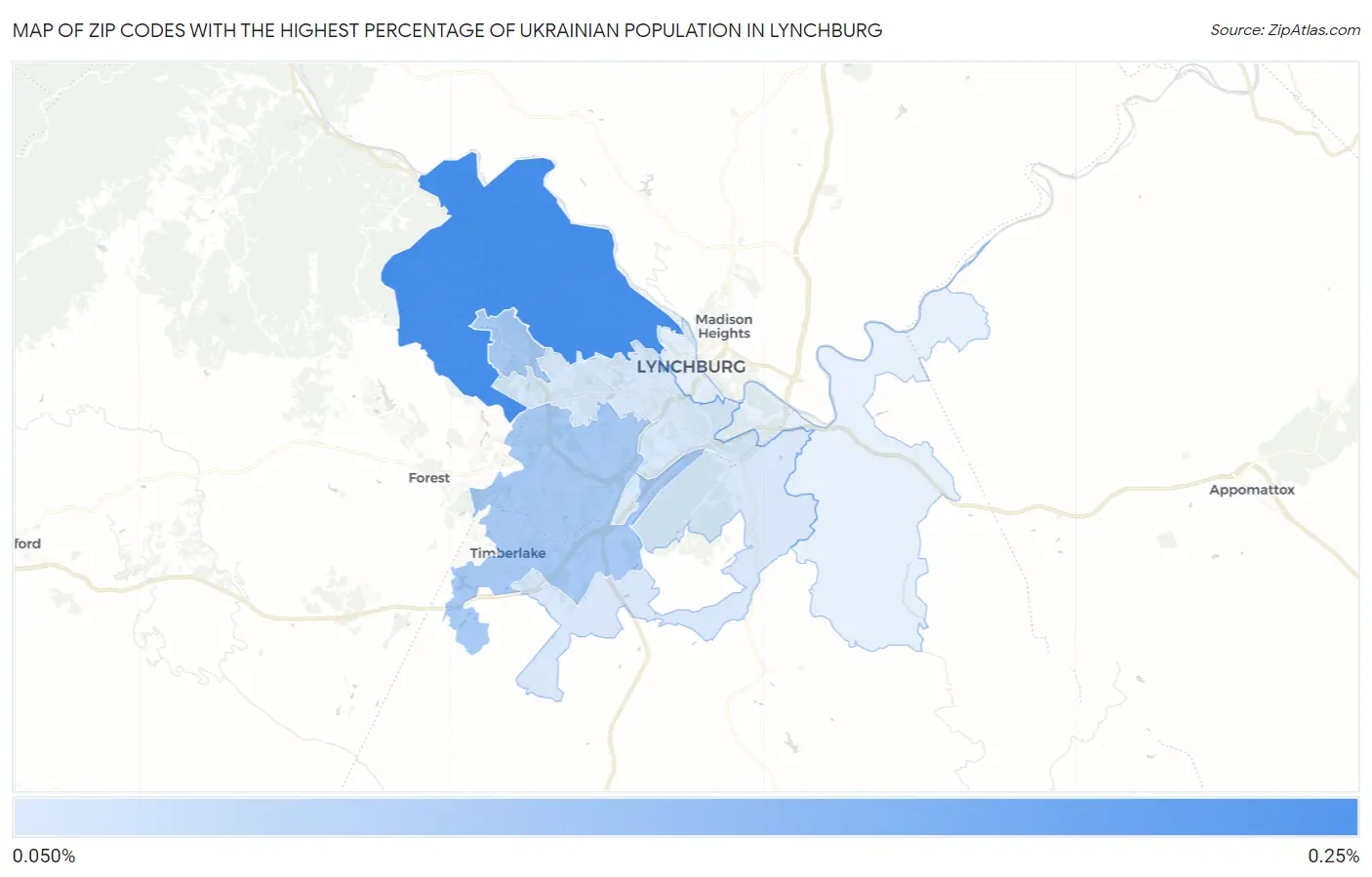 Zip Codes with the Highest Percentage of Ukrainian Population in Lynchburg Map