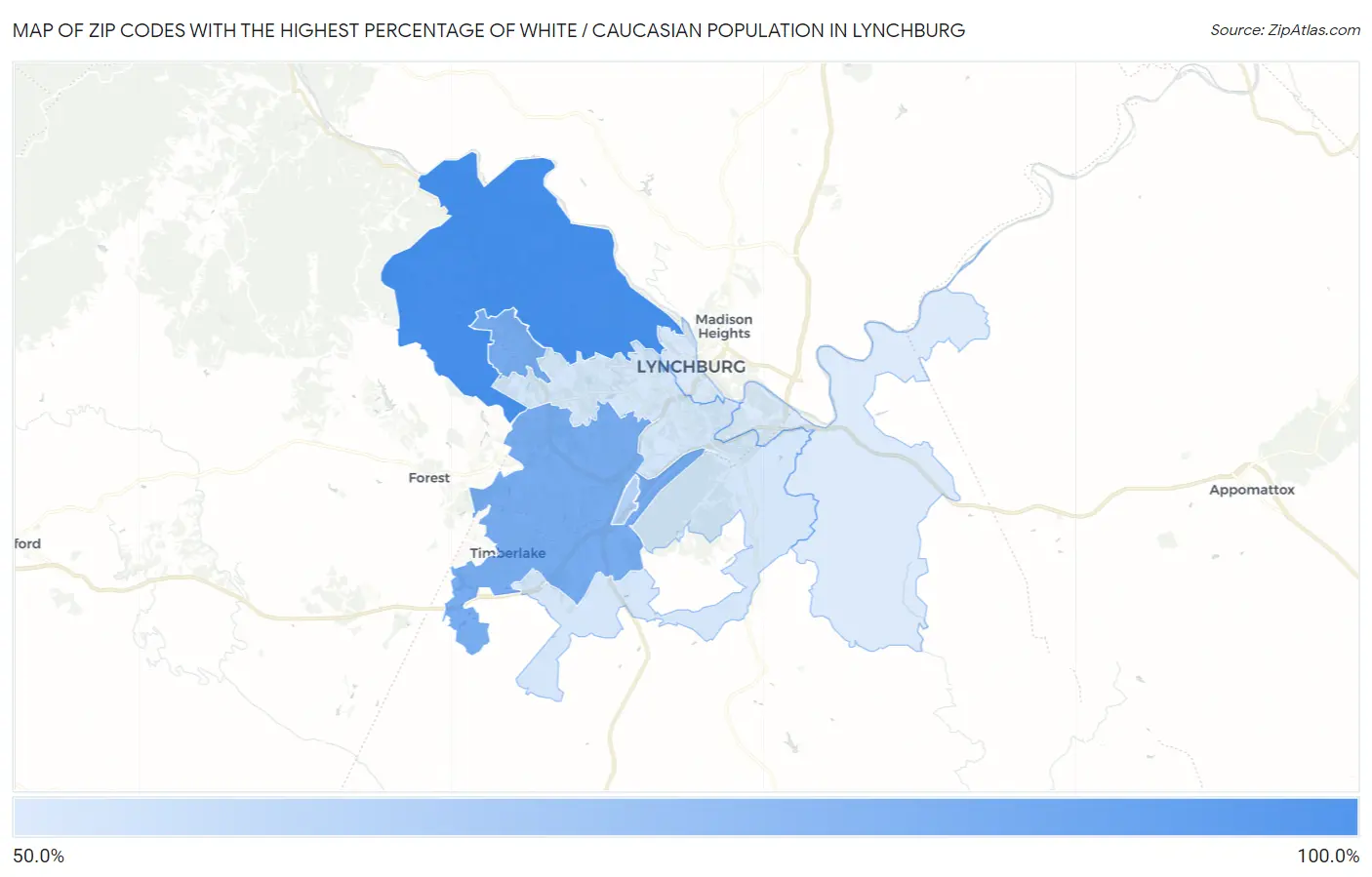 Zip Codes with the Highest Percentage of White / Caucasian Population in Lynchburg Map