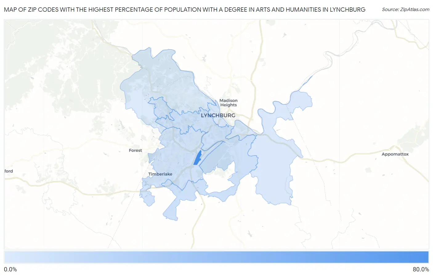 Zip Codes with the Highest Percentage of Population with a Degree in Arts and Humanities in Lynchburg Map