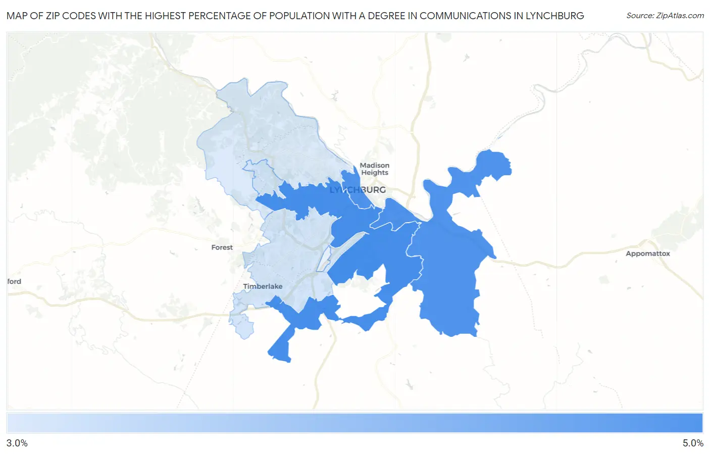 Zip Codes with the Highest Percentage of Population with a Degree in Communications in Lynchburg Map