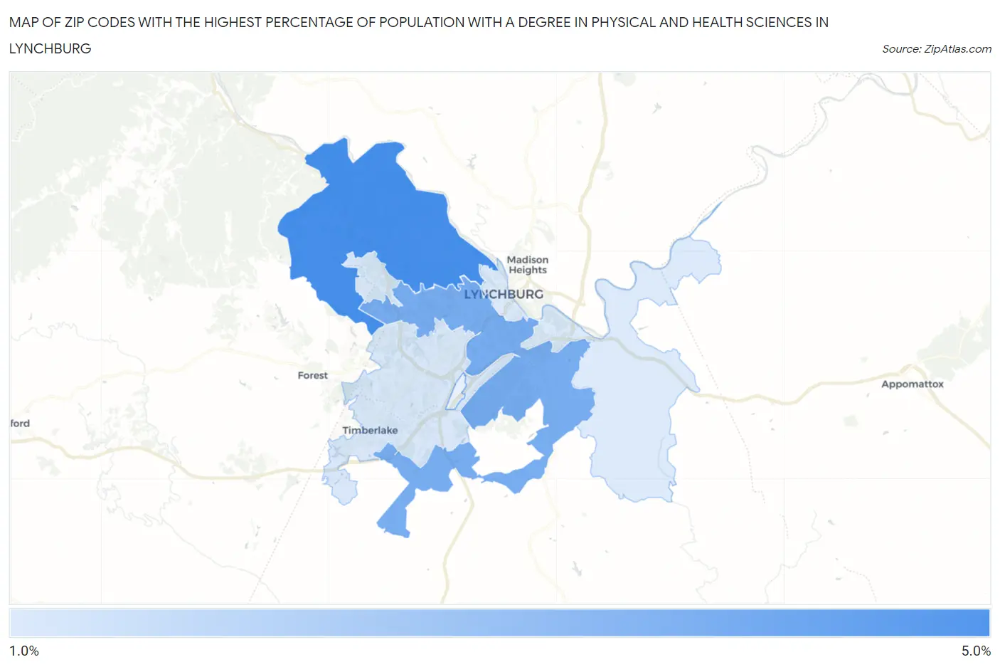 Zip Codes with the Highest Percentage of Population with a Degree in Physical and Health Sciences in Lynchburg Map