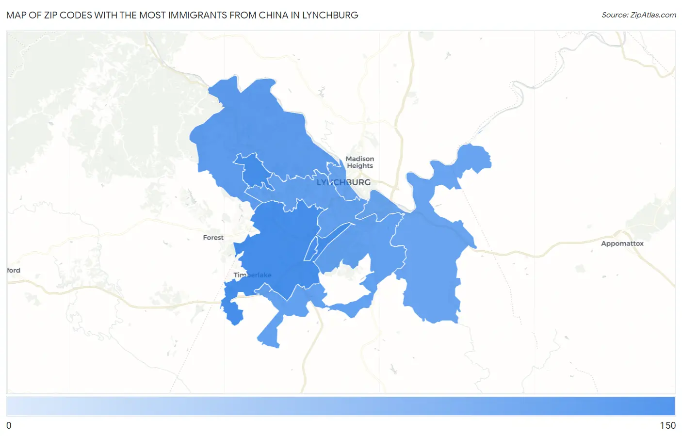 Zip Codes with the Most Immigrants from China in Lynchburg Map