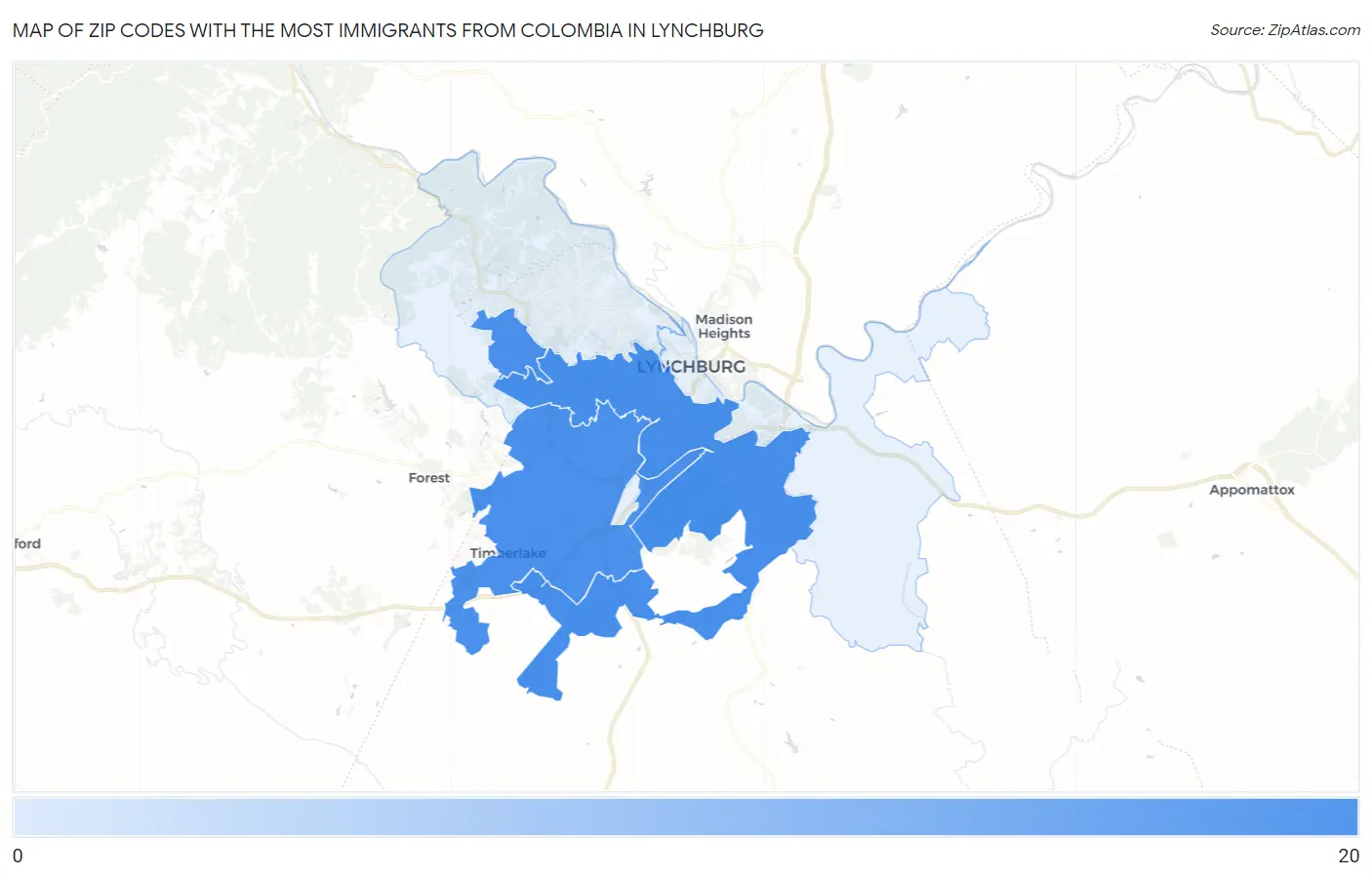 Zip Codes with the Most Immigrants from Colombia in Lynchburg Map