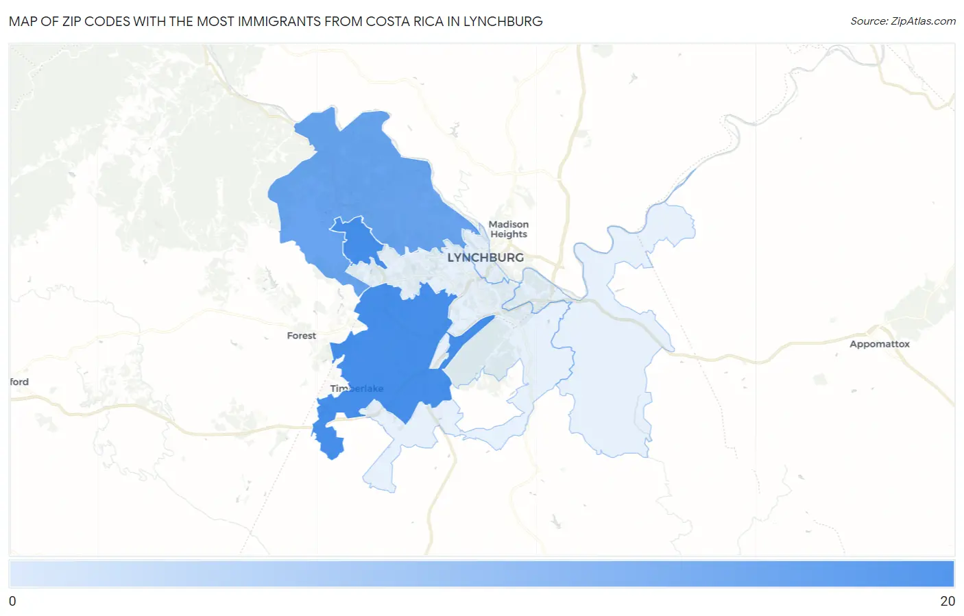 Zip Codes with the Most Immigrants from Costa Rica in Lynchburg Map