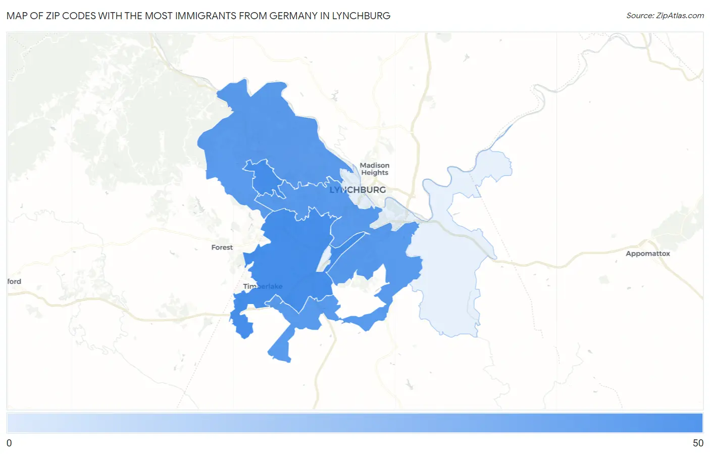 Zip Codes with the Most Immigrants from Germany in Lynchburg Map