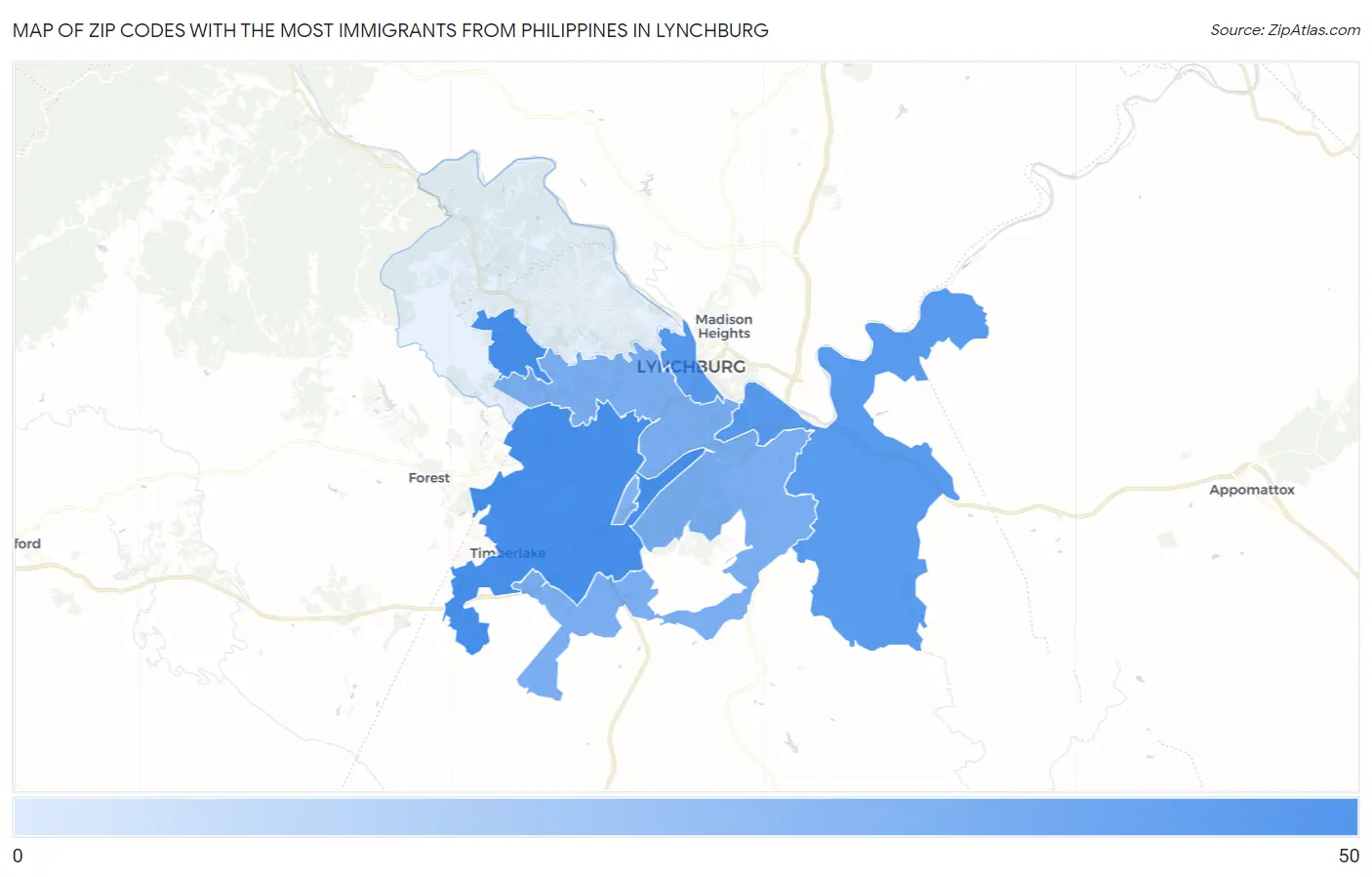 Zip Codes with the Most Immigrants from Philippines in Lynchburg Map