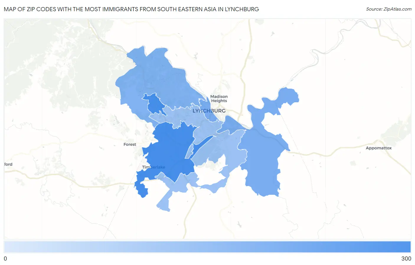 Zip Codes with the Most Immigrants from South Eastern Asia in Lynchburg Map