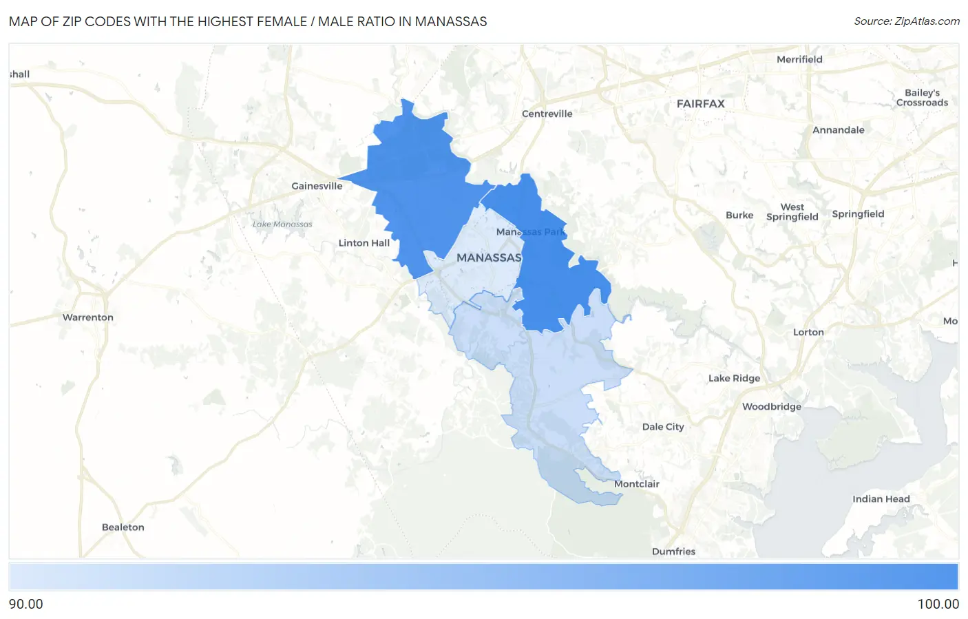 Zip Codes with the Highest Female / Male Ratio in Manassas Map