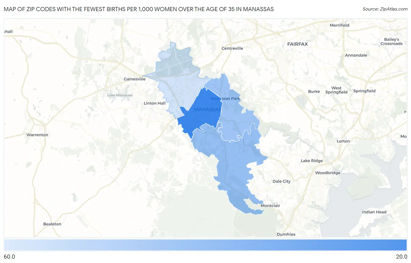 Zip Codes with the Fewest Births per 1,000 Women Over the Age of 35 in Manassas Map