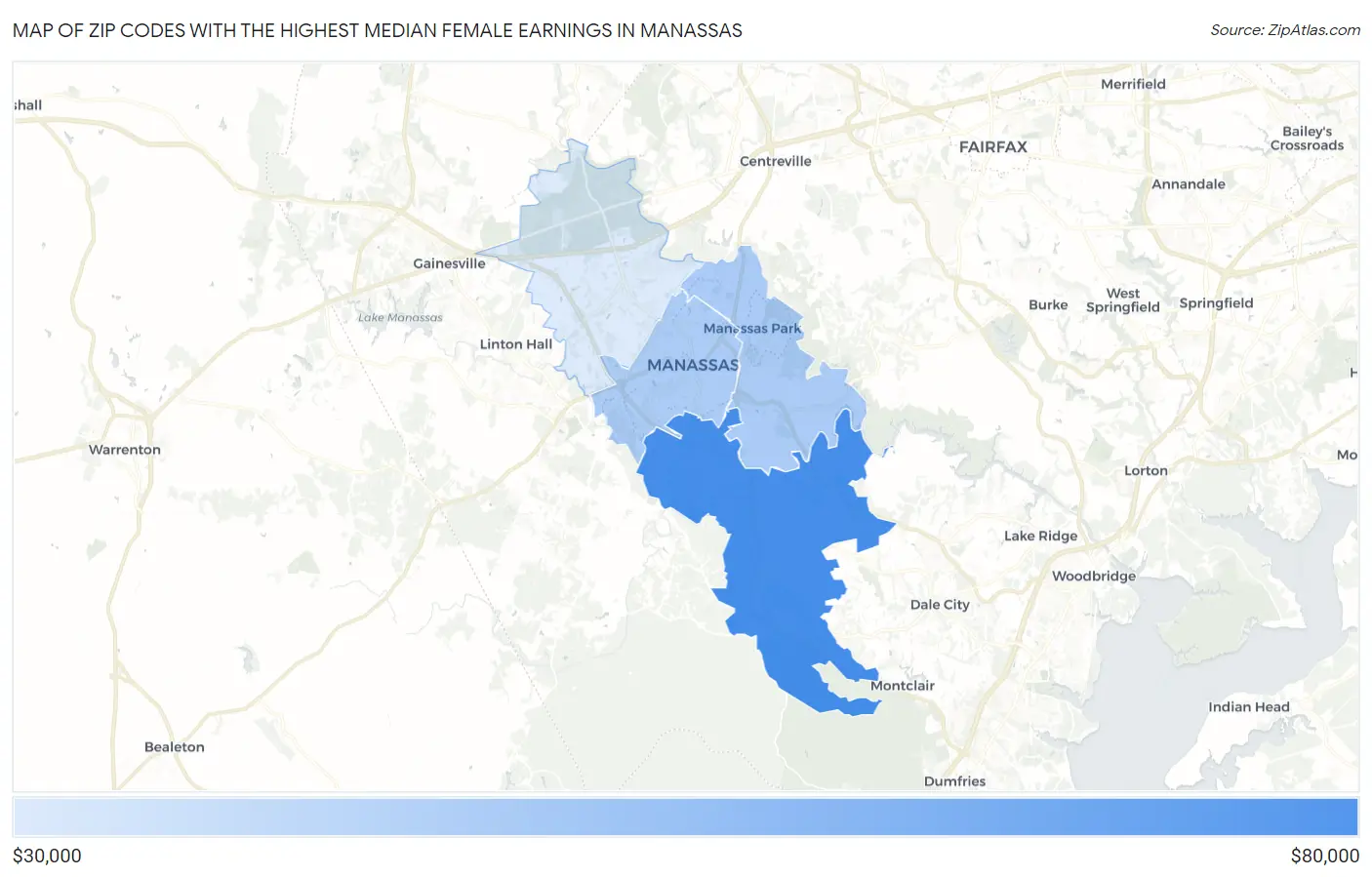 Zip Codes with the Highest Median Female Earnings in Manassas Map
