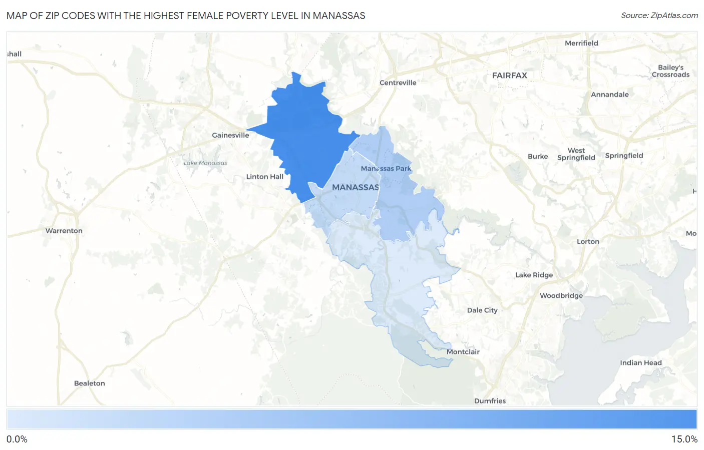 Zip Codes with the Highest Female Poverty Level in Manassas Map