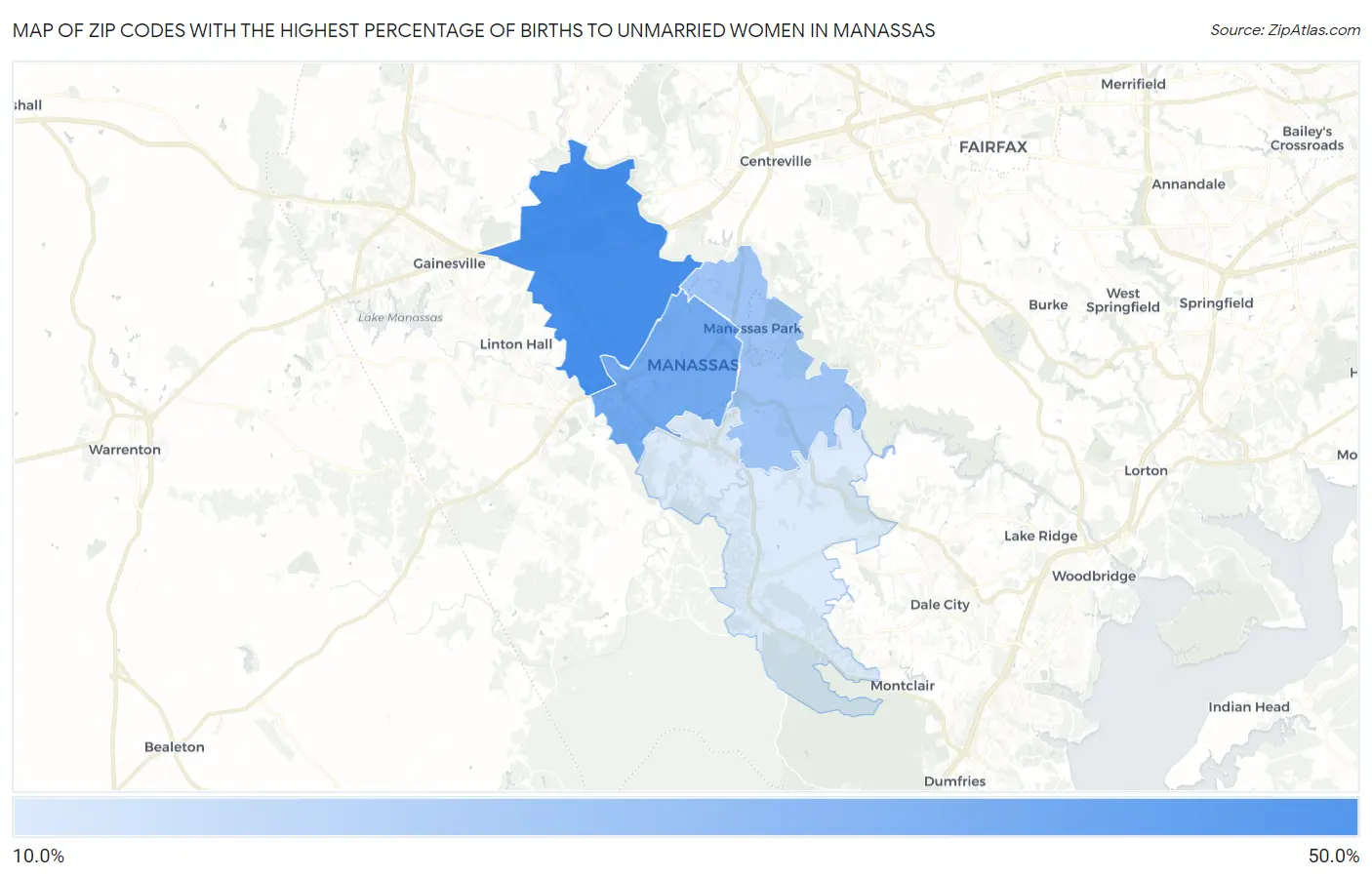 Zip Codes with the Highest Percentage of Births to Unmarried Women in Manassas Map