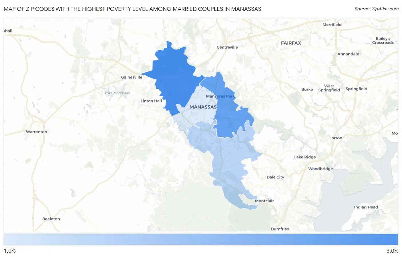 Zip Codes with the Highest Poverty Level Among Married Couples in Manassas Map