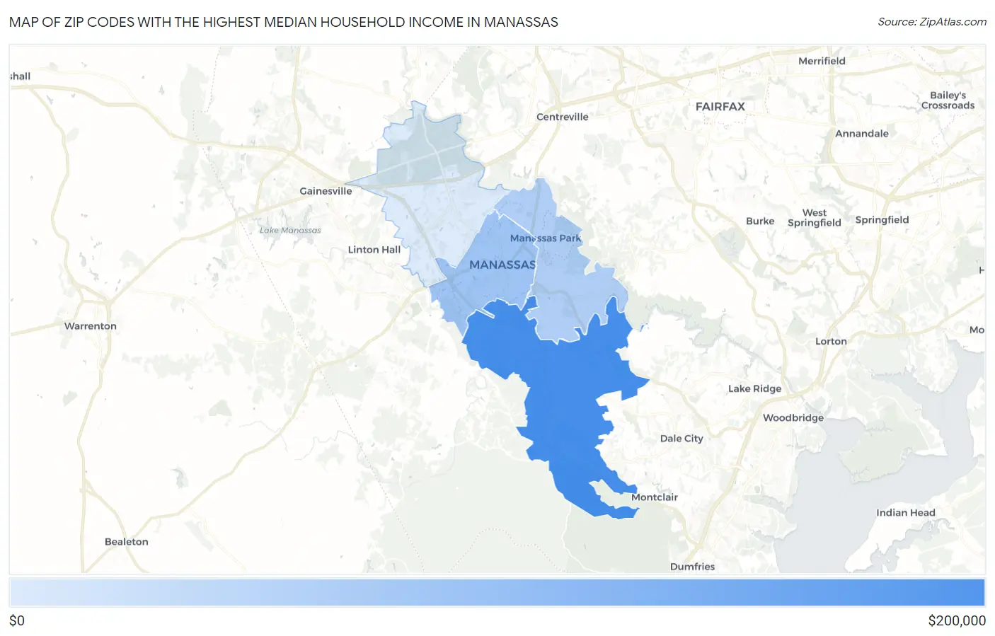 Zip Codes with the Highest Median Household Income in Manassas Map