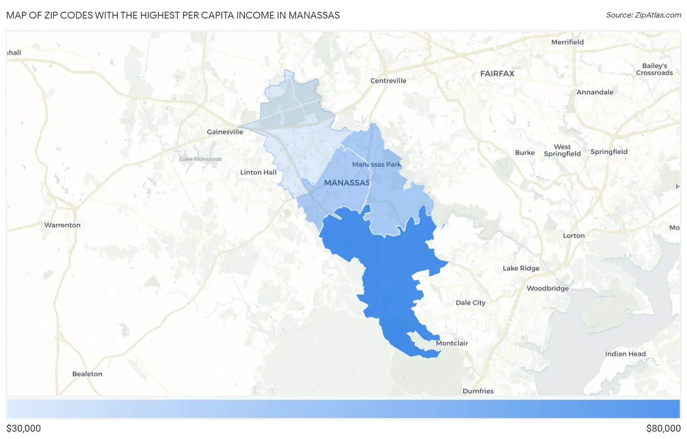 Zip Codes with the Highest Per Capita Income in Manassas Map