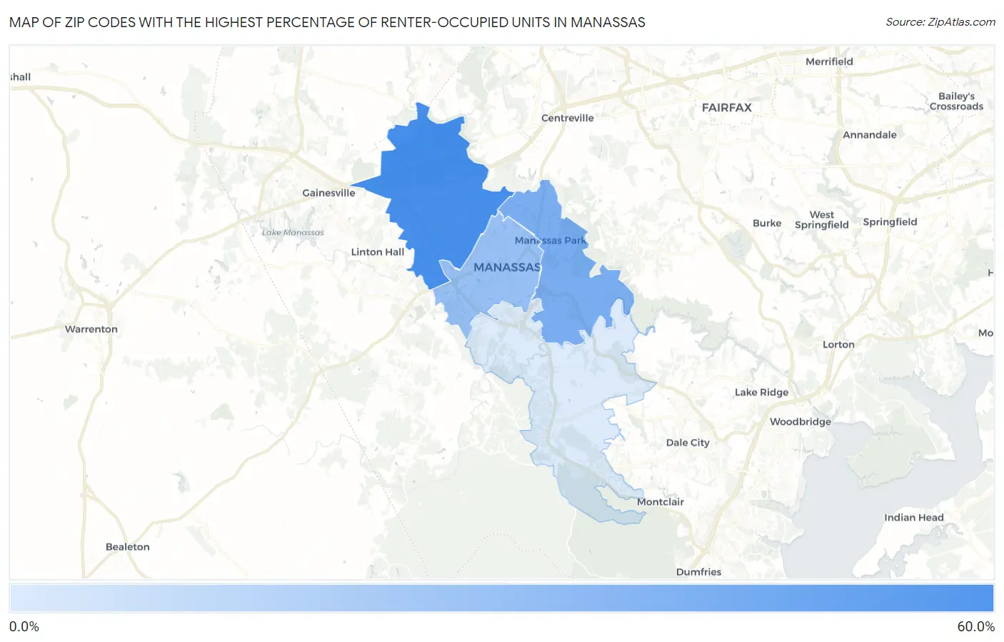 Zip Codes with the Highest Percentage of Renter-Occupied Units in Manassas Map