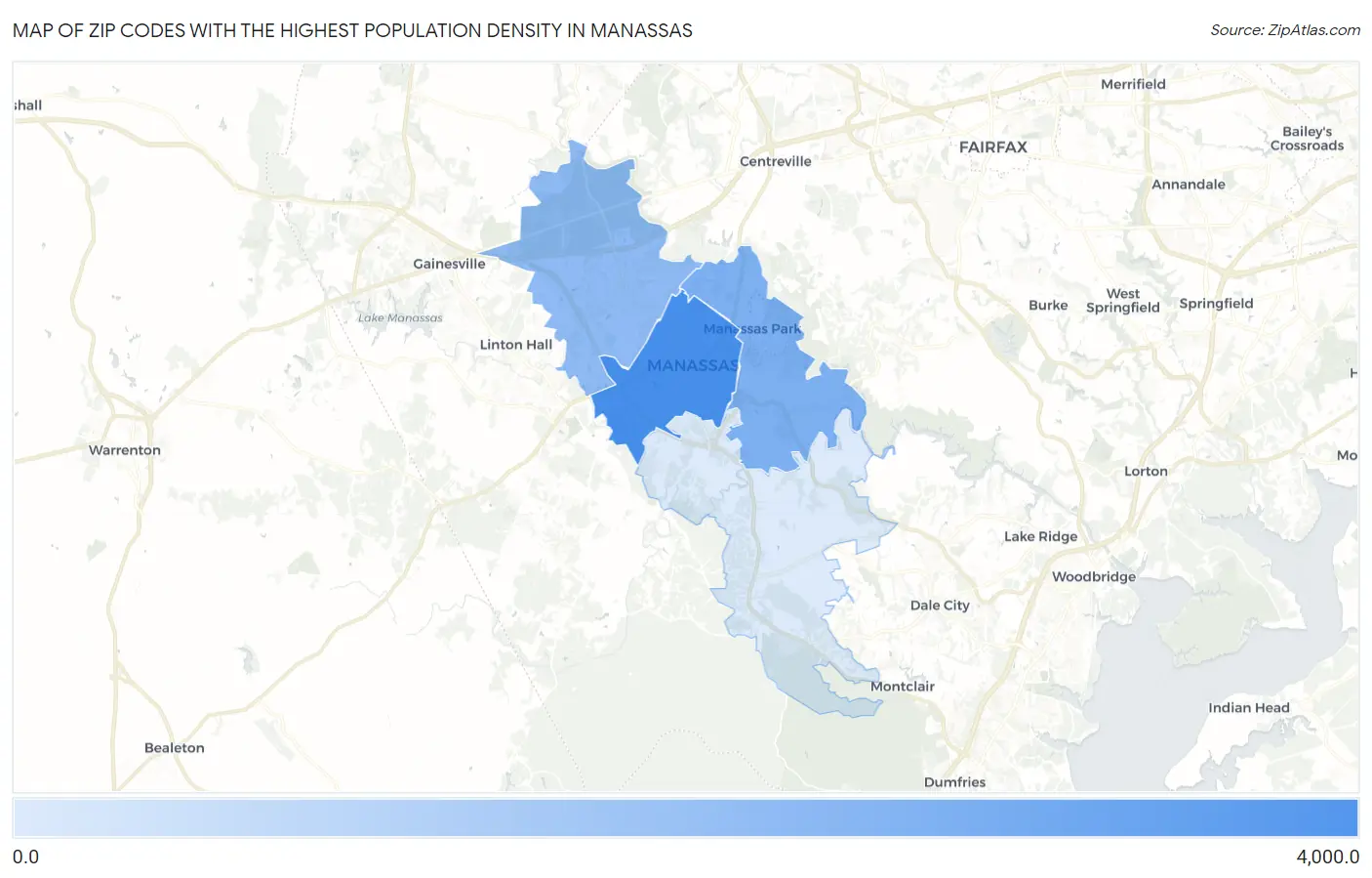 Zip Codes with the Highest Population Density in Manassas Map