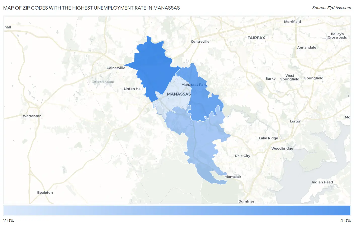 Zip Codes with the Highest Unemployment Rate in Manassas Map