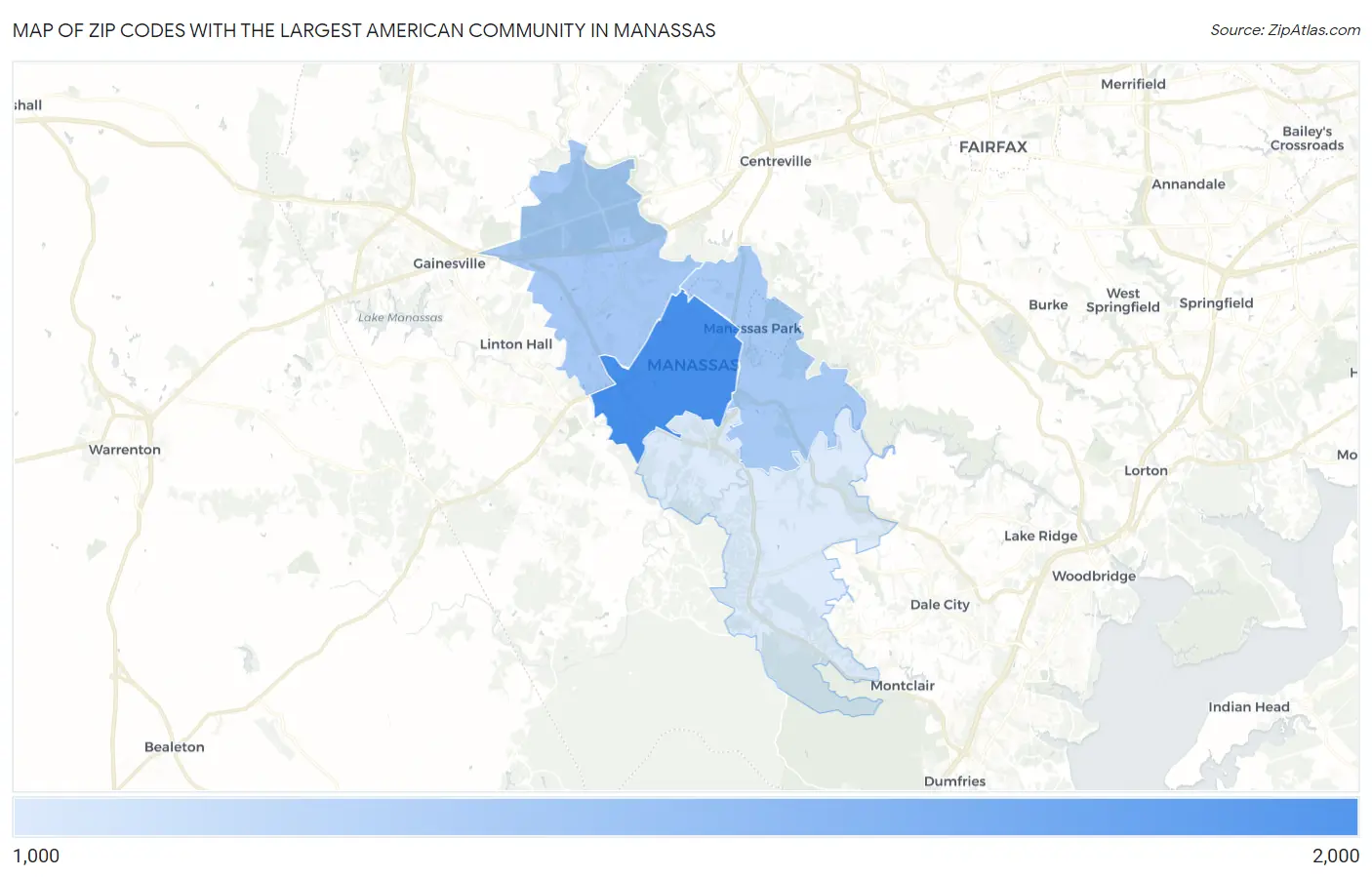 Zip Codes with the Largest American Community in Manassas Map