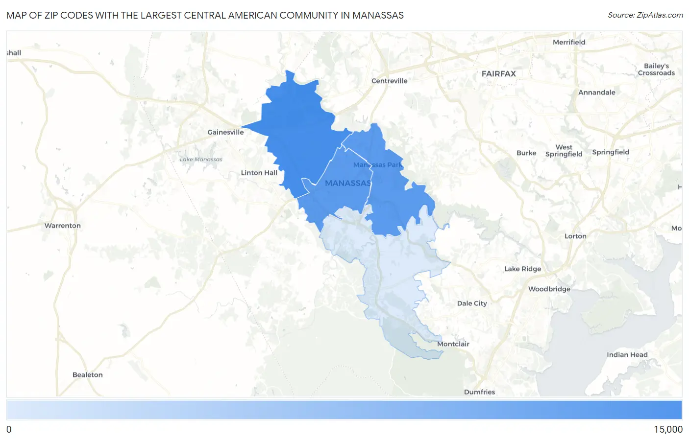 Zip Codes with the Largest Central American Community in Manassas Map