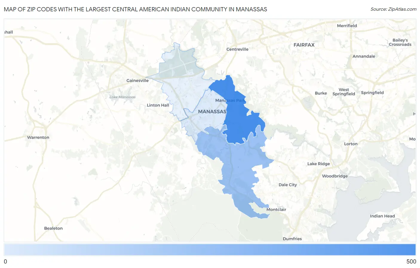 Zip Codes with the Largest Central American Indian Community in Manassas Map