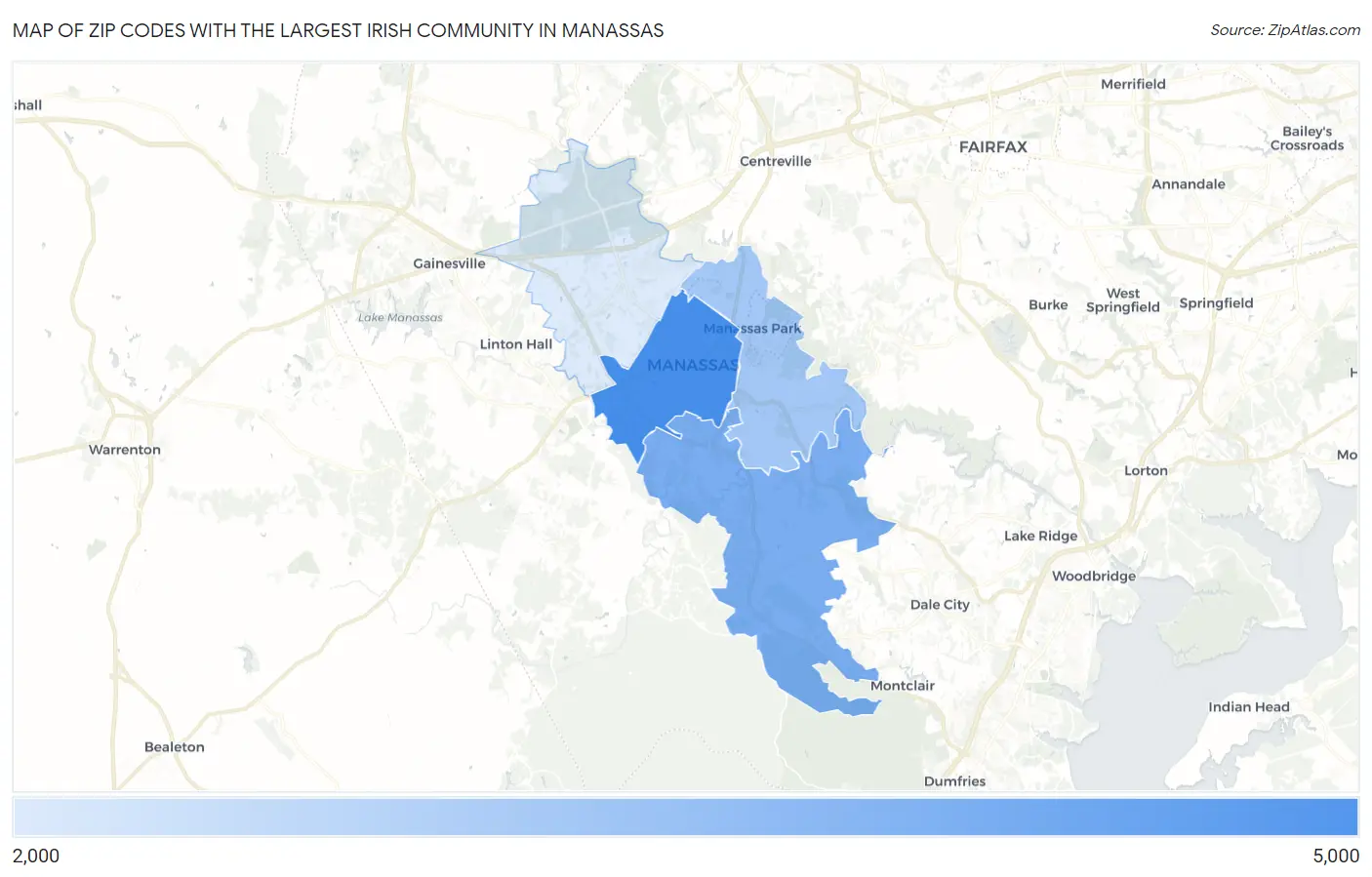 Zip Codes with the Largest Irish Community in Manassas Map