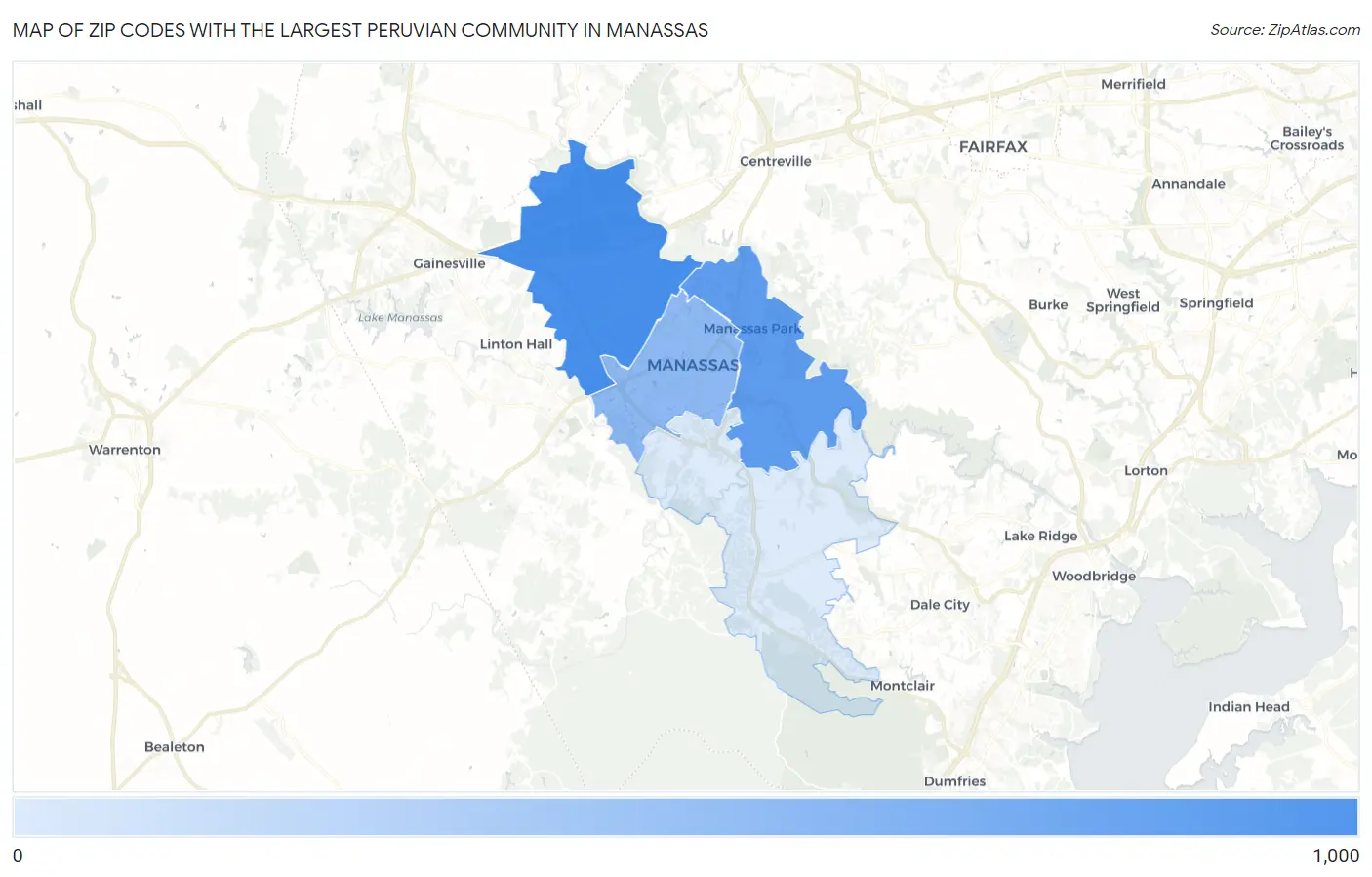 Zip Codes with the Largest Peruvian Community in Manassas Map