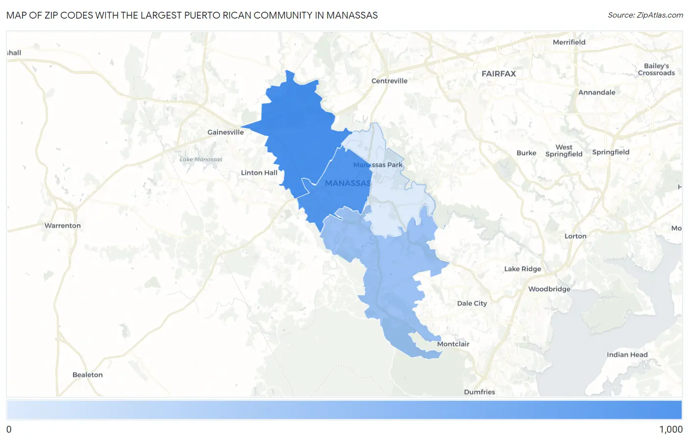Zip Codes with the Largest Puerto Rican Community in Manassas Map