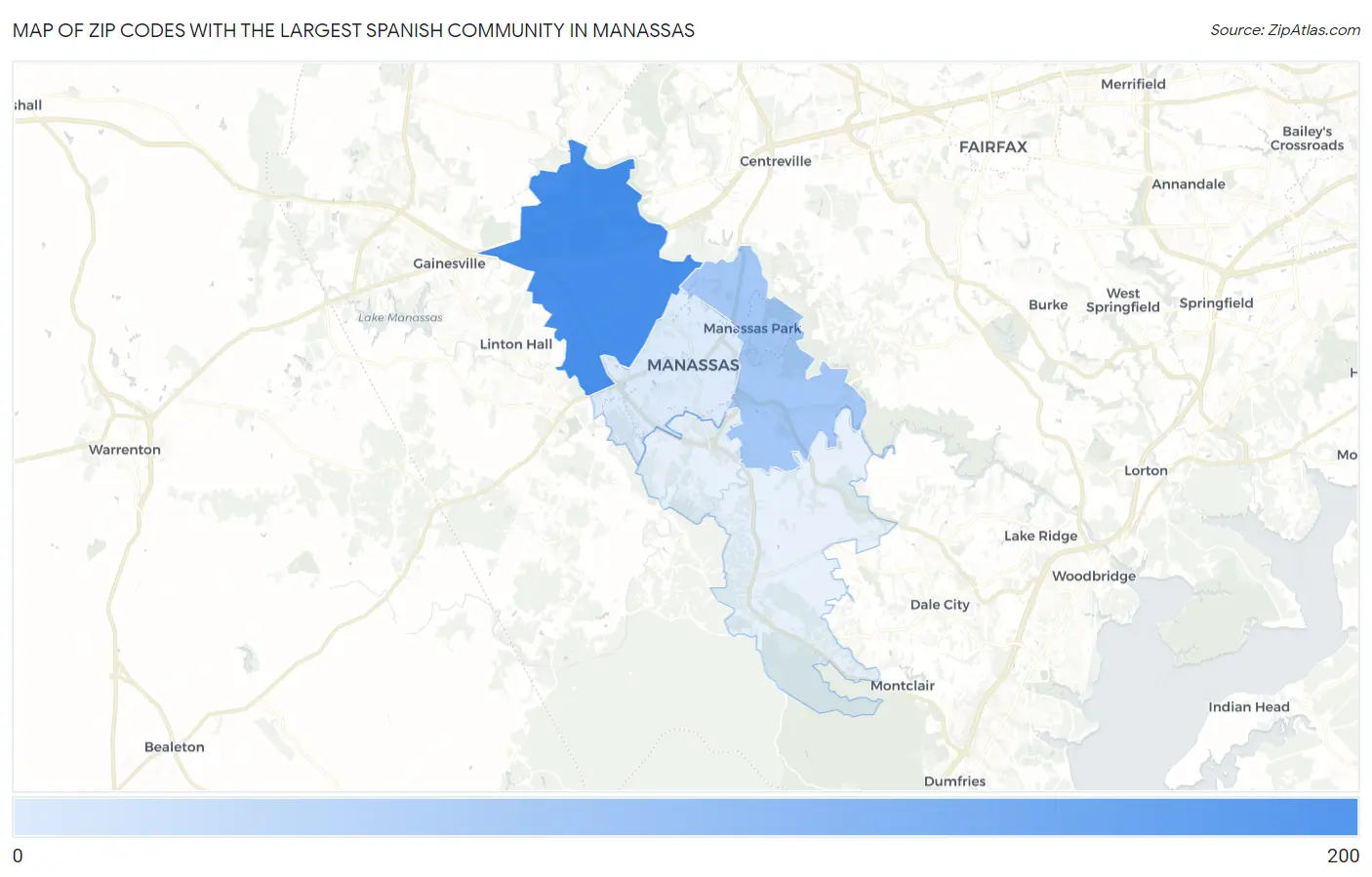 Zip Codes with the Largest Spanish Community in Manassas Map