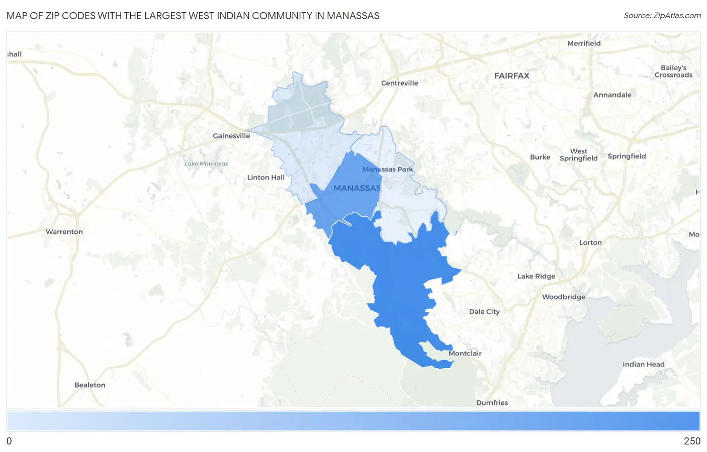 Zip Codes with the Largest West Indian Community in Manassas Map