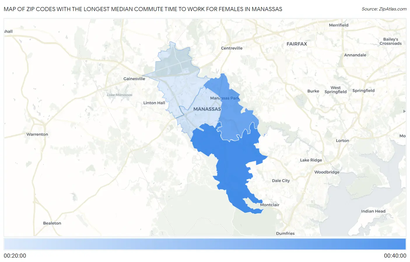 Zip Codes with the Longest Median Commute Time to Work for Females in Manassas Map