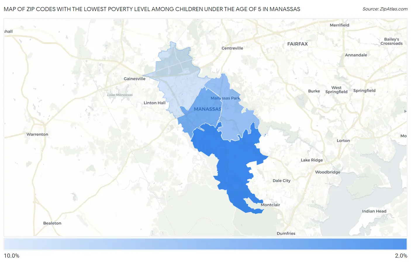 Zip Codes with the Lowest Poverty Level Among Children Under the Age of 5 in Manassas Map