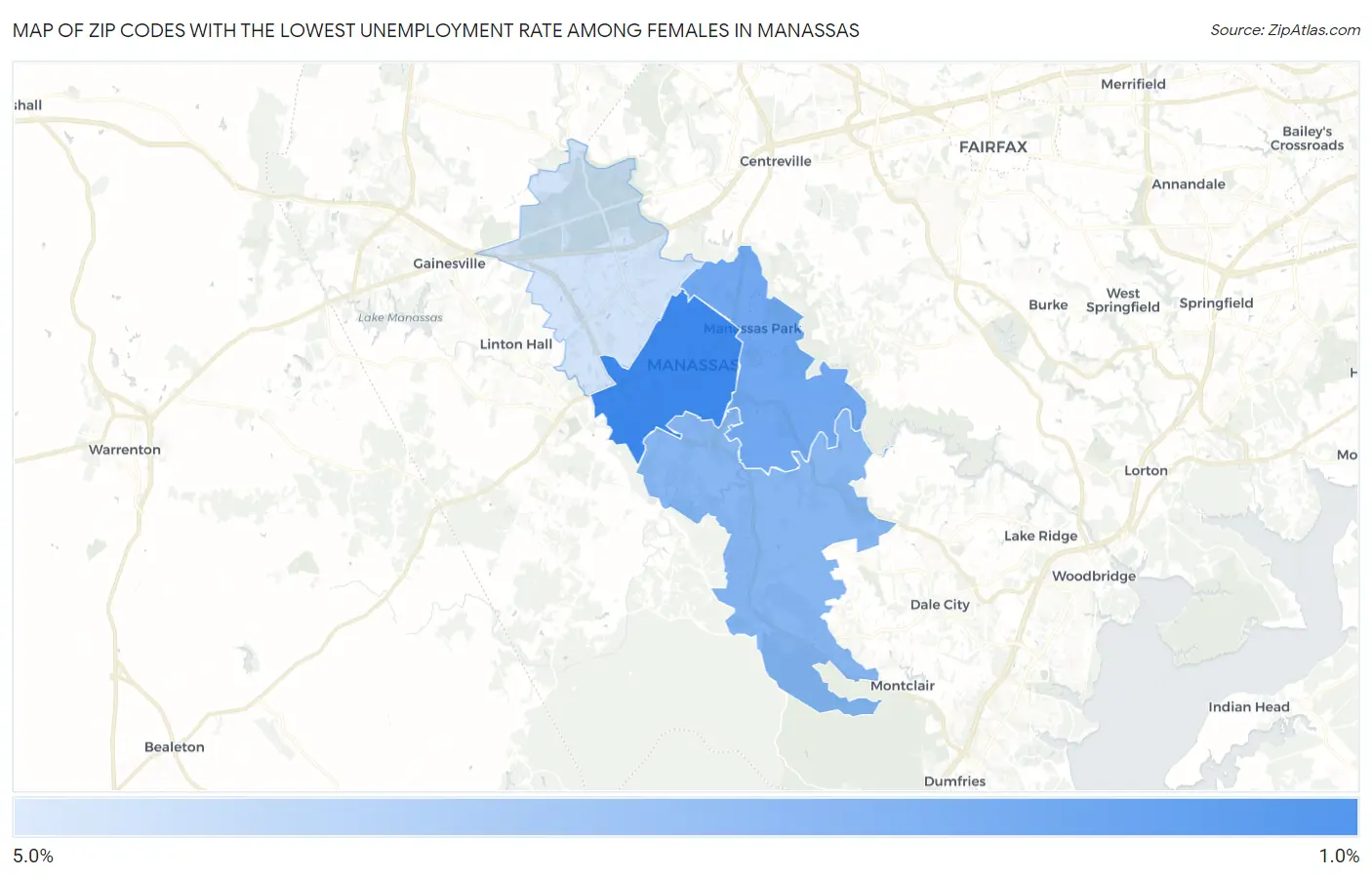 Zip Codes with the Lowest Unemployment Rate Among Females in Manassas Map