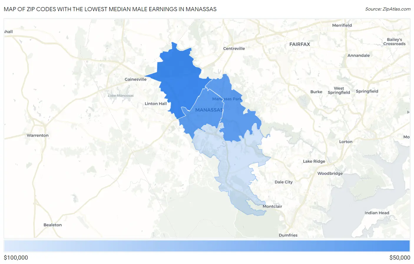 Zip Codes with the Lowest Median Male Earnings in Manassas Map
