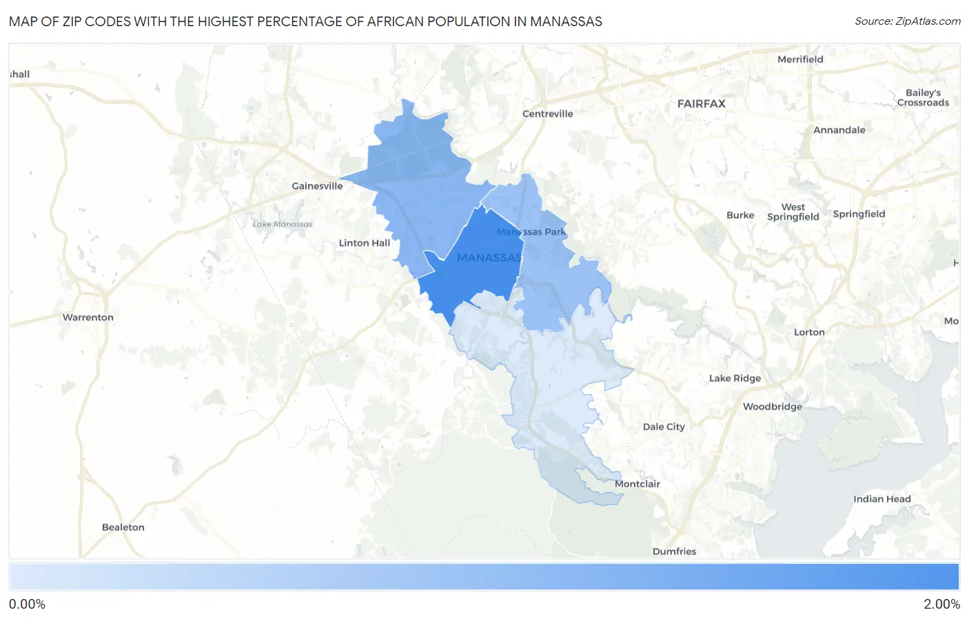 Zip Codes with the Highest Percentage of African Population in Manassas Map