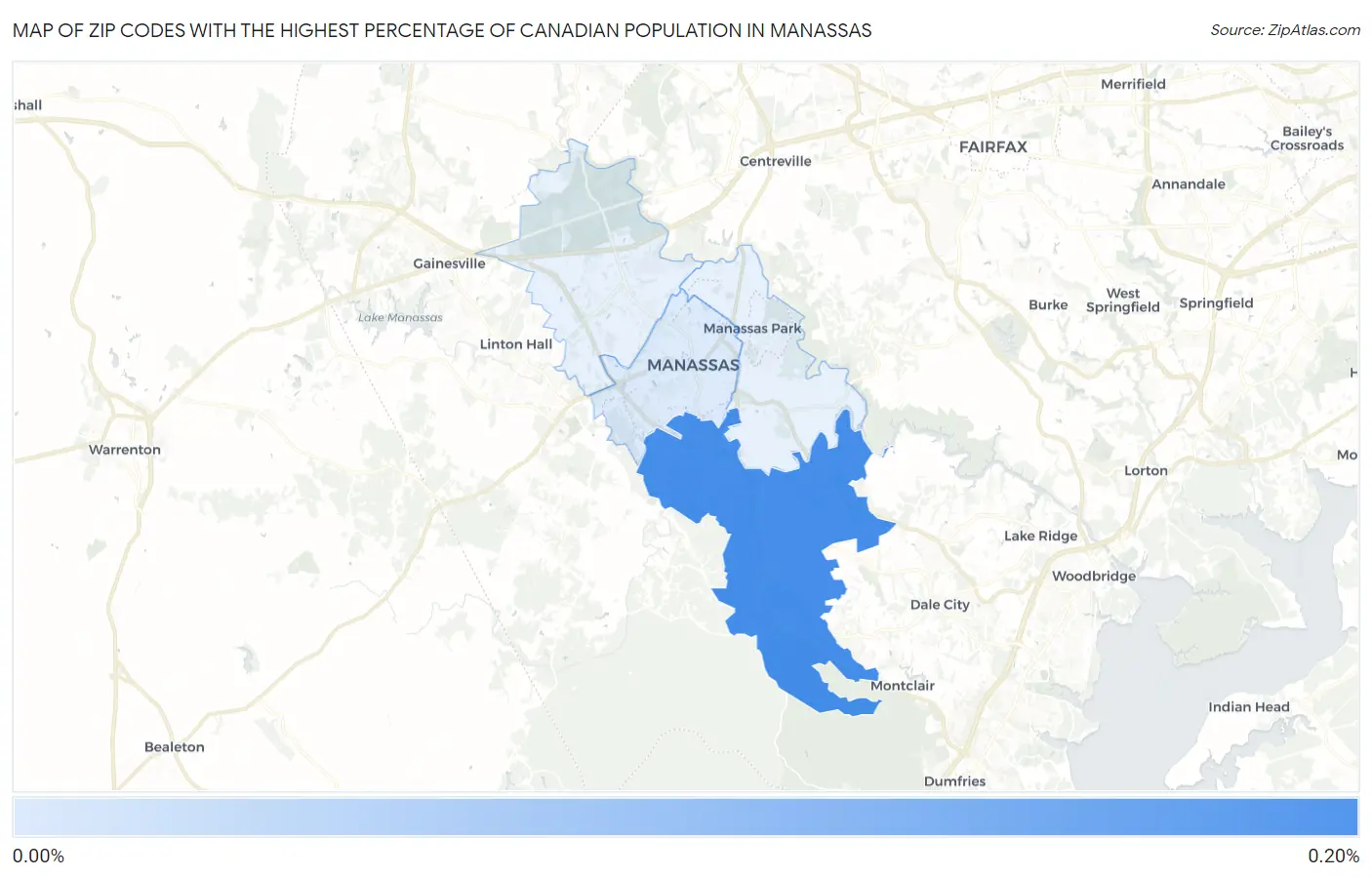 Zip Codes with the Highest Percentage of Canadian Population in Manassas Map