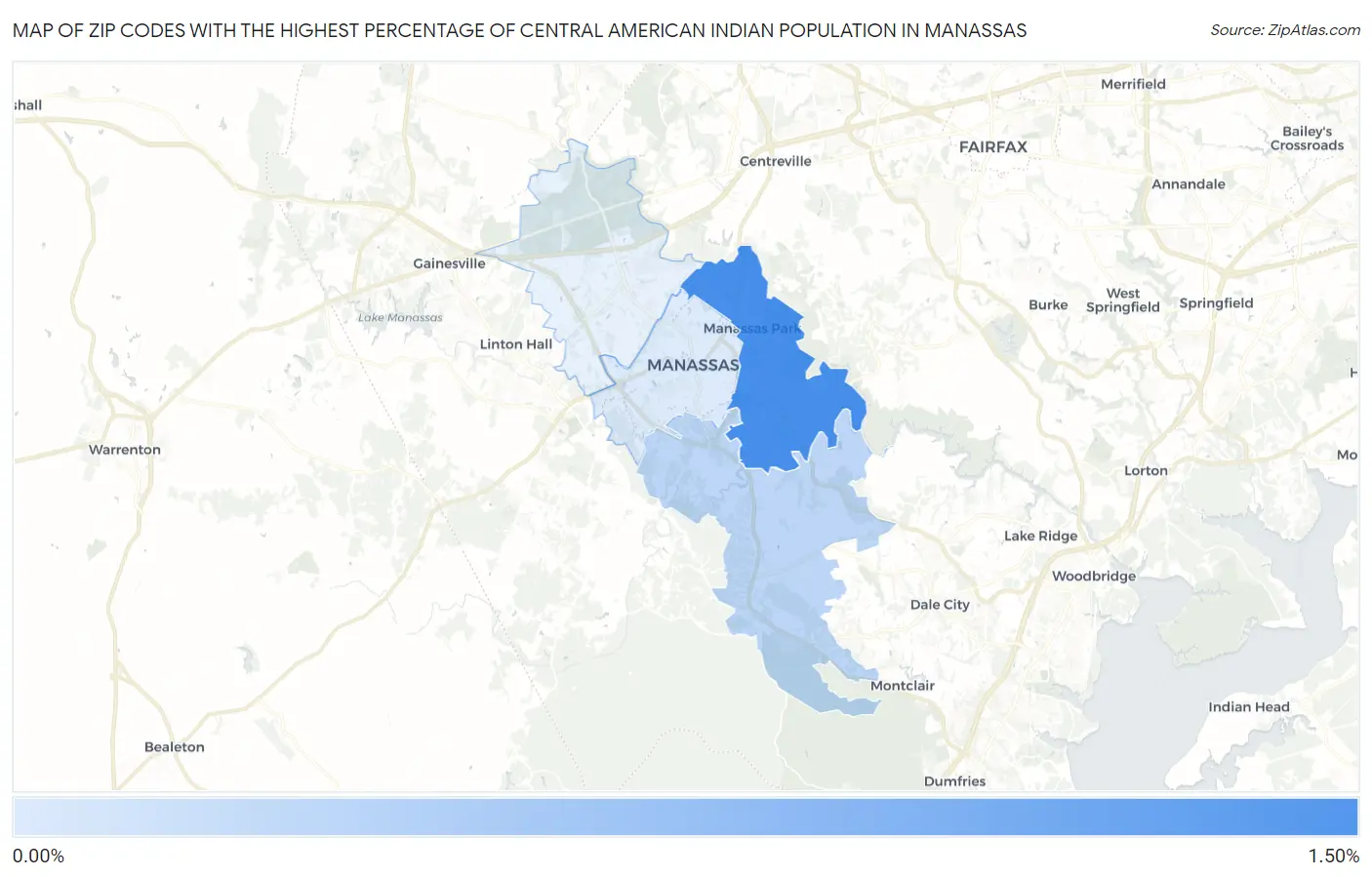 Zip Codes with the Highest Percentage of Central American Indian Population in Manassas Map