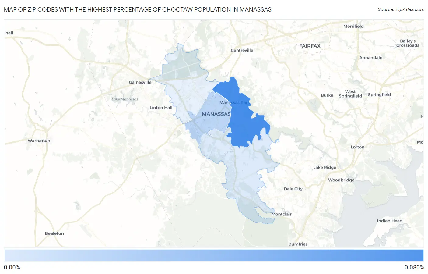 Zip Codes with the Highest Percentage of Choctaw Population in Manassas Map