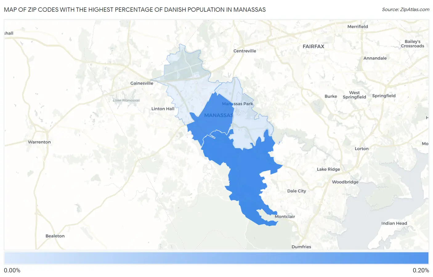 Zip Codes with the Highest Percentage of Danish Population in Manassas Map