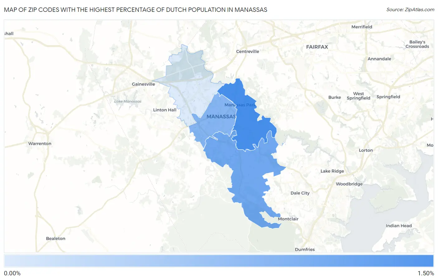 Zip Codes with the Highest Percentage of Dutch Population in Manassas Map