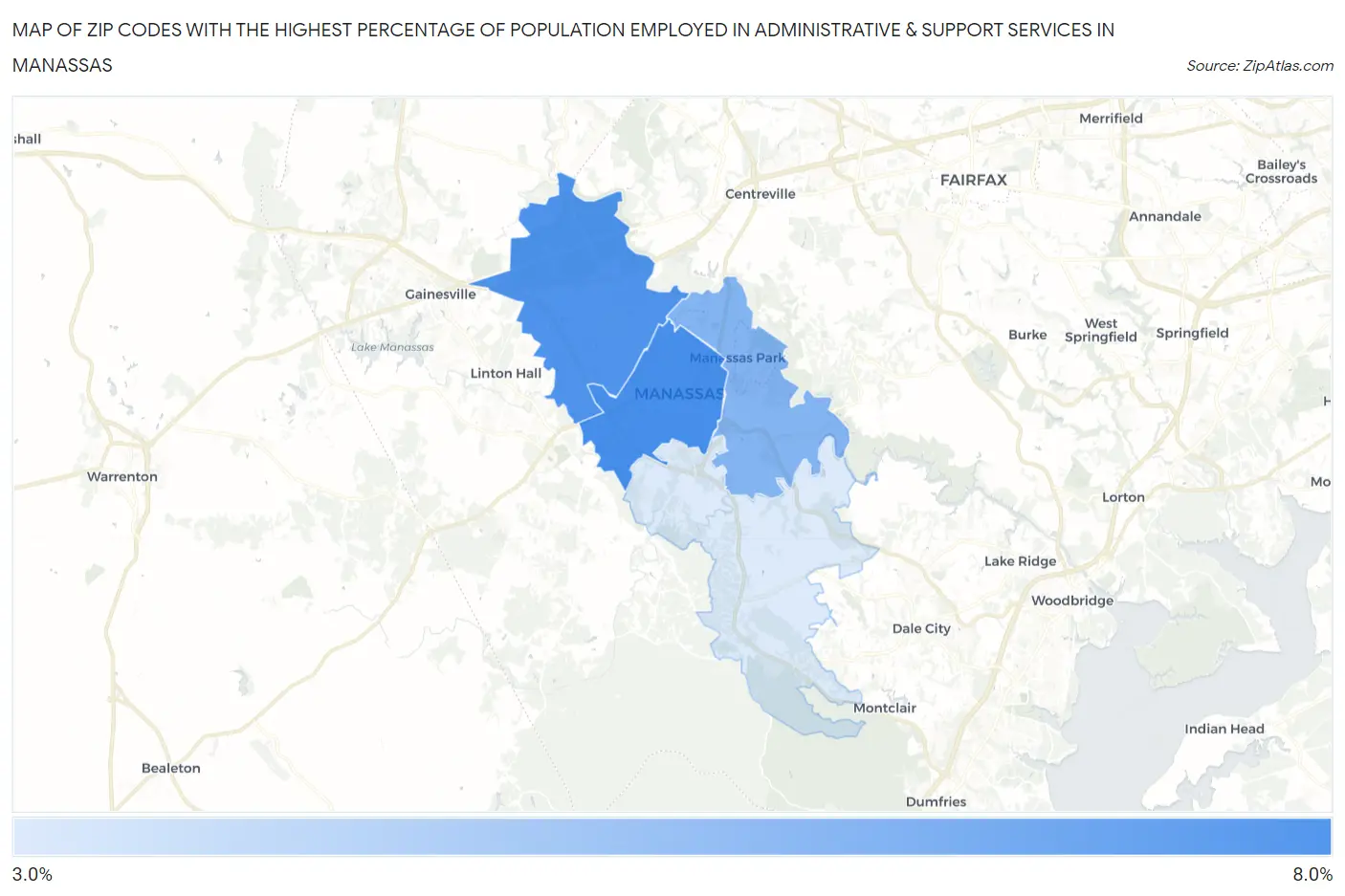 Zip Codes with the Highest Percentage of Population Employed in Administrative & Support Services in Manassas Map