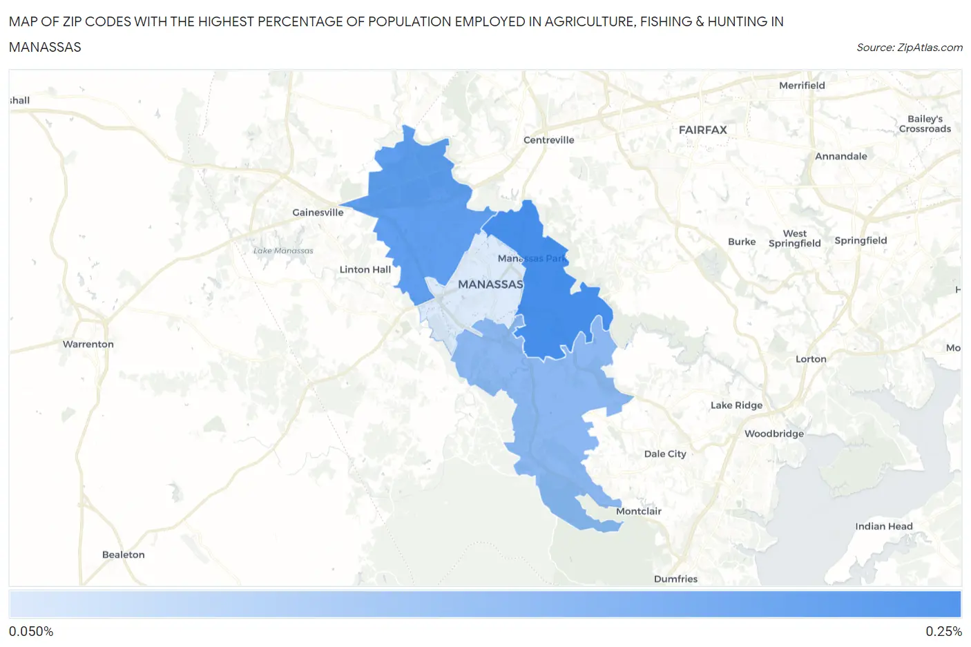 Zip Codes with the Highest Percentage of Population Employed in Agriculture, Fishing & Hunting in Manassas Map
