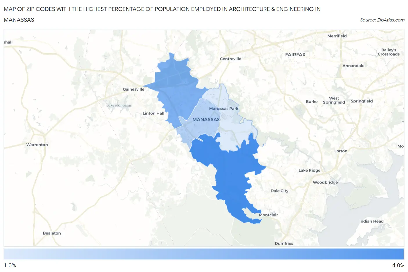 Zip Codes with the Highest Percentage of Population Employed in Architecture & Engineering in Manassas Map